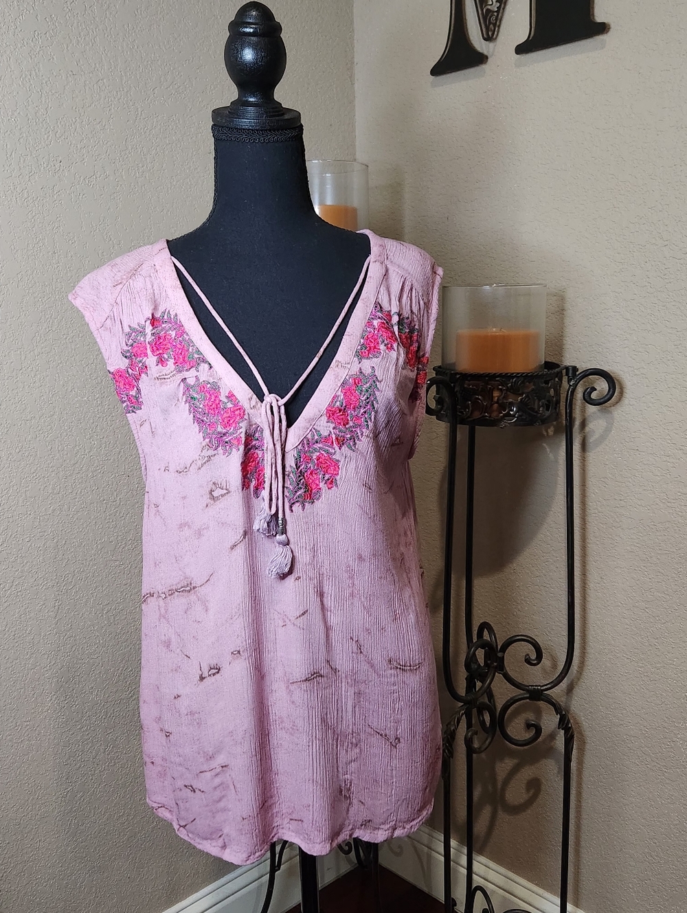 RAGA Blush Pink/mauve Boho Embroidered Peasant Top With Tassles. Size M